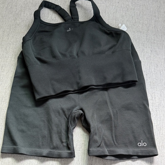 ALO Yoga Set!  Charcoal Green Ribbed Shorts and Tank Bra set. *flaw* - Picture 1 of 7